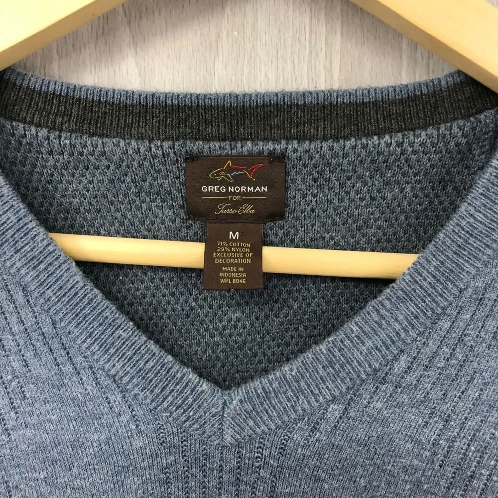 Greg‎ Norman Tasso Elba V-Neck Pullover Sweater Men's Medium Blue Cotton/Nylon